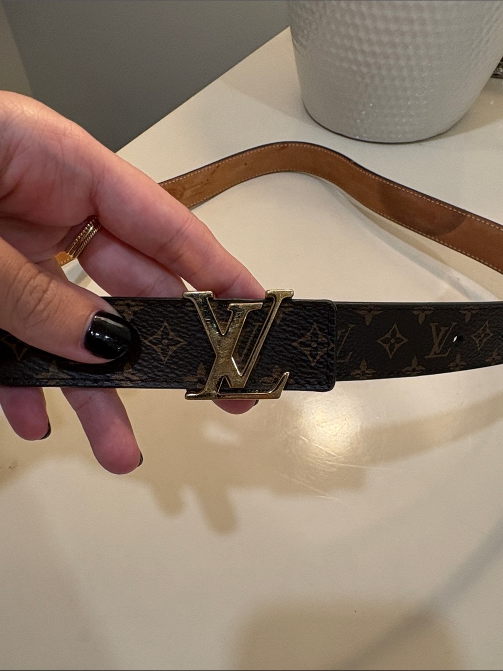 Louis Vuitton Monogram LV Logo Belt in Brown with Gold Buckle